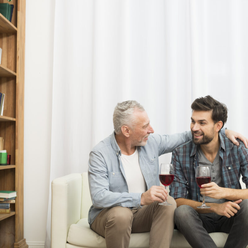 Imagen de Aged man hugging young smiling guy with glasses wine sofa room