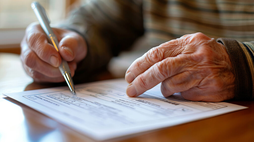 Imagen de Person filling out a mail in ballot at home, pen in hand and focused expression