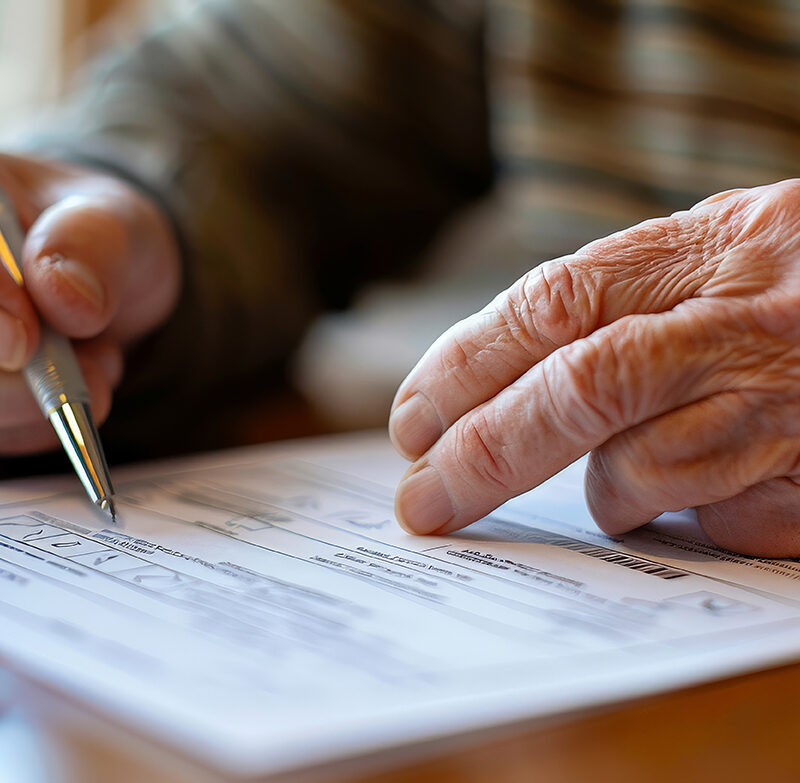 Imagen de Person filling out a mail in ballot at home, pen in hand and focused expression