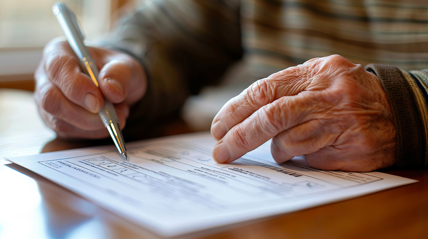 Imagen de Person filling out a mail in ballot at home, pen in hand and focused expression
